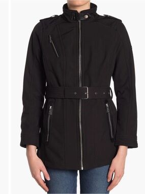 Michael Michael Kors Missy Faux Leather Trim Houndstooth Belted Jacket